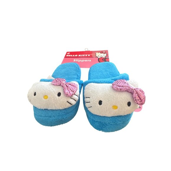 Hello Kitty Blue M-7/8 Slippers With Sequin Pink Bow Plush Comfort Indoor Footwe - Picture 3 of 4